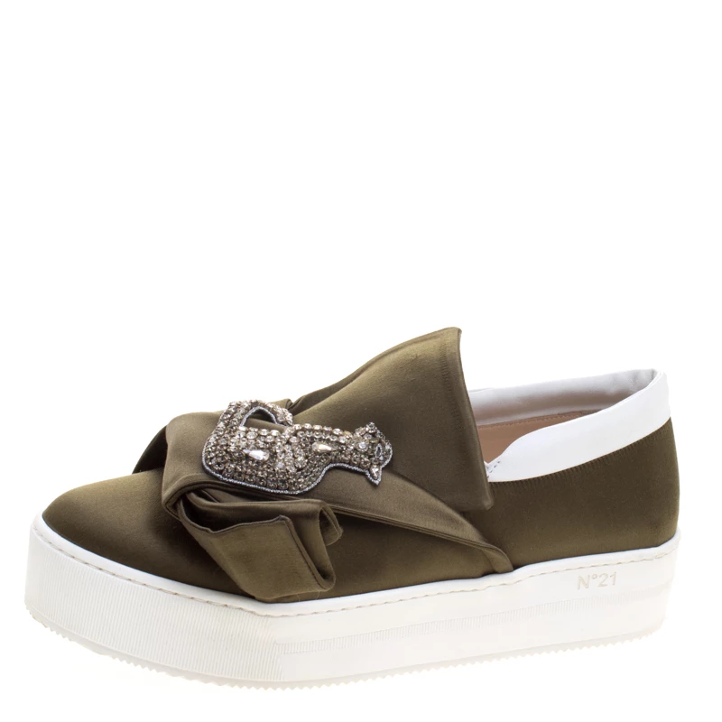 N21 Olive Green Satin Crystal Embellished Bow Slip on Sneakers Size 39 Women N21 Olive Green Satin Crystal Embellished Bow Slip On Sneakers Size 39 Women -N21shop luxury women n21 new shoes p113440 0001