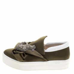 N21 Olive Green Satin Crystal Embellished Bow Slip On Sneakers Size 39 Women 3 N21 Olive Green Satin Crystal Embellished Bow Slip On Sneakers Size 39 Women -N21shop luxury women n21 new shoes p113440 0002