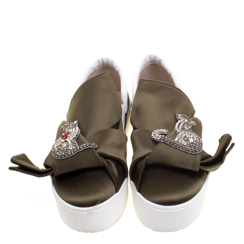 N21 Olive Green Satin Crystal Embellished Bow Slip on Sneakers Size 39 Women N21 Olive Green Satin Crystal Embellished Bow Slip On Sneakers Size 39 Women -N21shop luxury women n21 new shoes p113440 0003