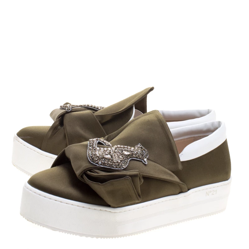 N21 Olive Green Satin Crystal Embellished Bow Slip on Sneakers Size 39 Women N21 Olive Green Satin Crystal Embellished Bow Slip On Sneakers Size 39 Women -N21shop luxury women n21 new shoes p113440 0004
