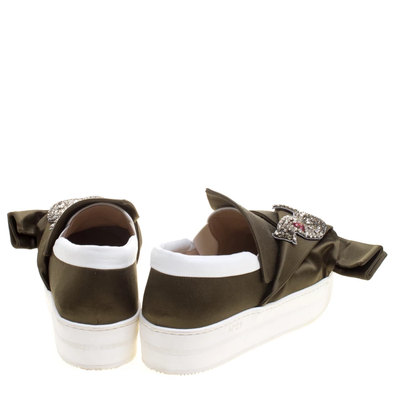 N21 Olive Green Satin Crystal Embellished Bow Slip on Sneakers Size 39 Women N21 Olive Green Satin Crystal Embellished Bow Slip On Sneakers Size 39 Women -N21shop luxury women n21 new shoes p113440 0005
