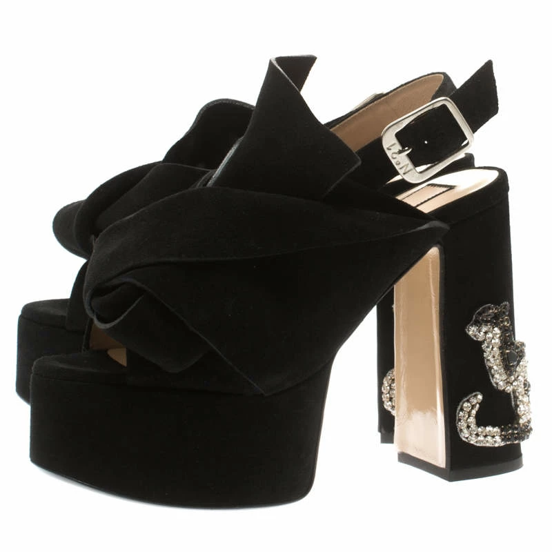 N21 Black Suede Embellished Knot Platform Block Heel Ankle Strap Sandals Size 36 Women N21 Black Suede Embellished Knot Platform Block Heel Ankle Strap Sandals Size 36 Women -N21shop luxury women n21 new shoes p186150 008