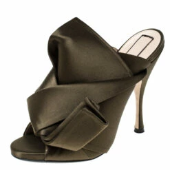 N21 Olive Green Satin Raso Knot Peep Toe Mules Size 38.5 Women Sandals