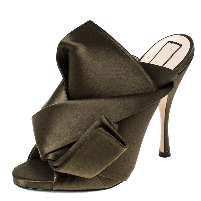 N21 Olive Green Satin Raso Knot Peep Toe Mules Size 38.5 Women Sandals N21 Olive Green Satin Raso Knot Peep Toe Mules Size 38.5 Women Sandals -N21shop luxury women n21 new shoes p233488 003
