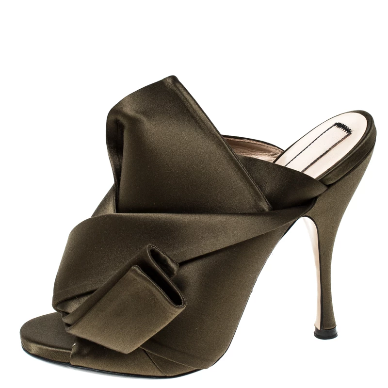 N21 Olive Green Satin Raso Knot Peep Toe Mules Size 38.5 Women Sandals N21 Olive Green Satin Raso Knot Peep Toe Mules Size 38.5 Women Sandals -N21shop luxury women n21 new shoes p233488 004