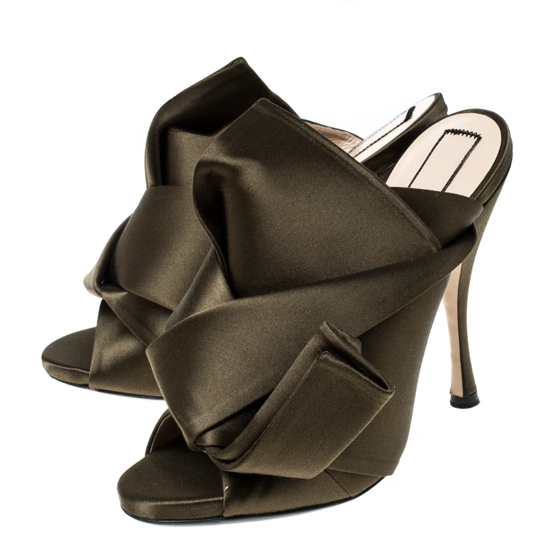N21 Olive Green Satin Raso Knot Peep Toe Mules Size 38.5 Women Sandals N21 Olive Green Satin Raso Knot Peep Toe Mules Size 38.5 Women Sandals -N21shop luxury women n21 new shoes p233488 007