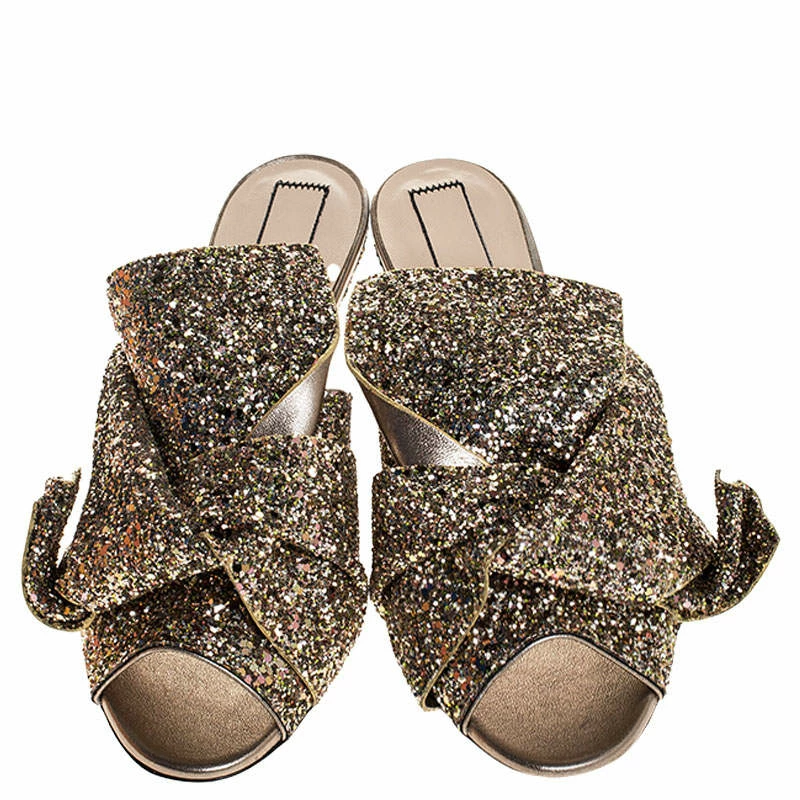 N21 Gold Coarse Glitter Bow Open Toe Sandals Size 40.5 Women N21 Gold Coarse Glitter Bow Open Toe Sandals Size 40.5 Women -N21shop luxury women n21 new shoes p254727 005