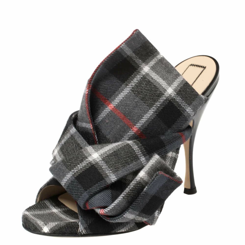 N21 N°21 Grey Check Fabric Bow Mules Sandals Size 40 Women N21 N°21 Grey Check Fabric Bow Mules Sandals Size 40 Women -N21shop luxury women n21 new shoes p367995 008