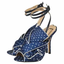 N21 Blue/White Knotted Polka Dot Fabric Gingham Ankle Wrap Peep Toe Sandals Size 36 Women