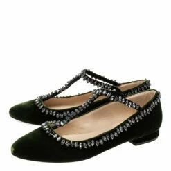 N21 Dark Green Velvet Crystal Embellished T-Bar Ballet Flats Size 38 Women 5 N21 Dark Green Velvet Crystal Embellished T-Bar Ballet Flats Size 38 Women -N21shop luxury women n21 new shoes p616138 002