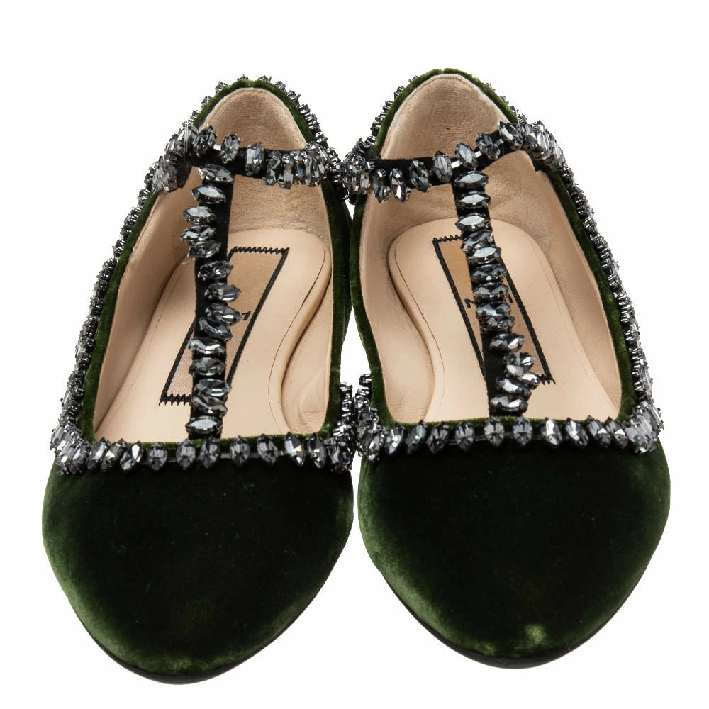 N21 Dark Green Velvet Crystal Embellished T-Bar Ballet Flats Size 38 Women N21 Dark Green Velvet Crystal Embellished T-Bar Ballet Flats Size 38 Women -N21shop luxury women n21 new shoes p616138 003