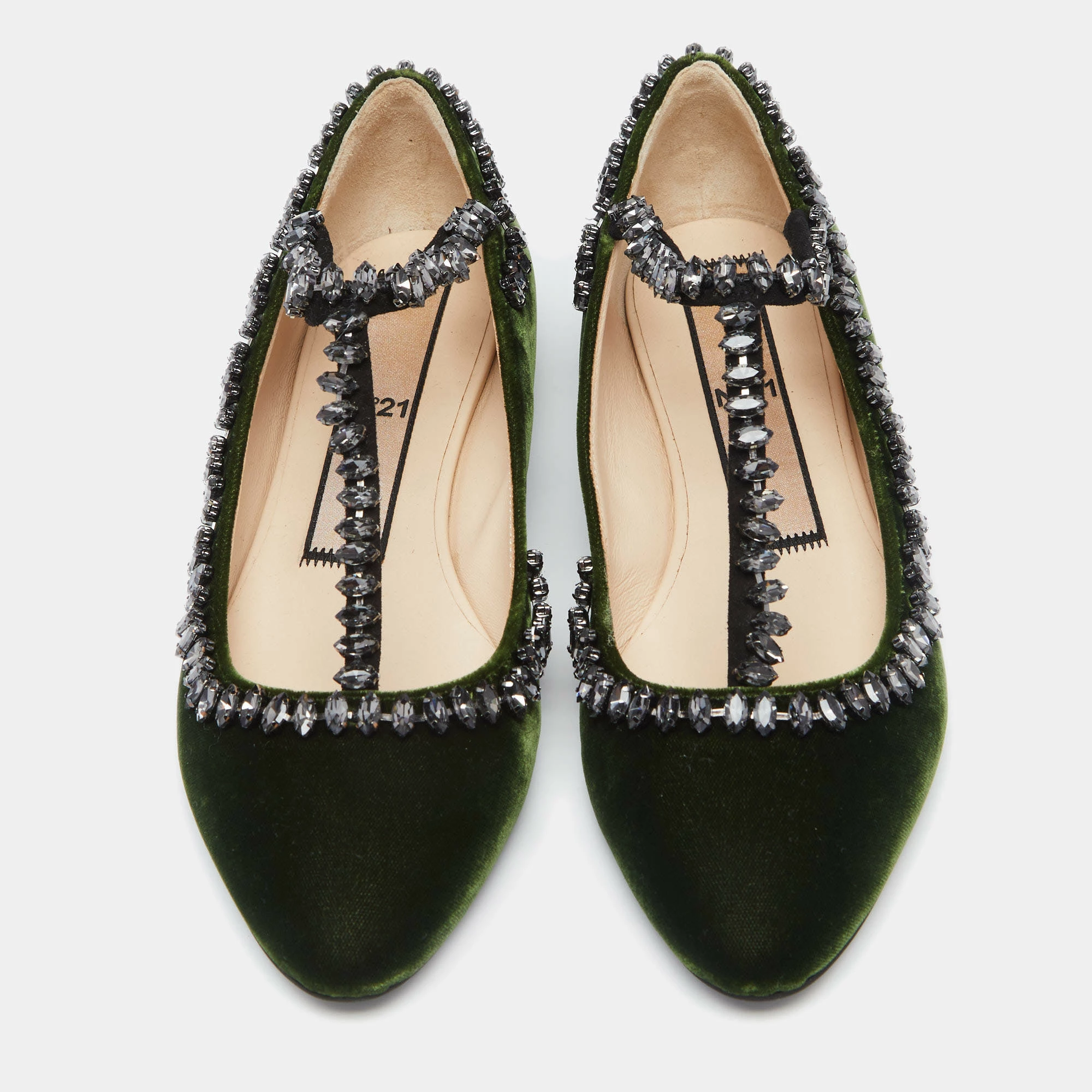 N21 Dark Green Velvet Crystal Embellished T-Bar Ballet Flats Size 36 Women N21 Dark Green Velvet Crystal Embellished T-Bar Ballet Flats Size 36 Women -N21shop luxury women n21 new shoes p634136 002