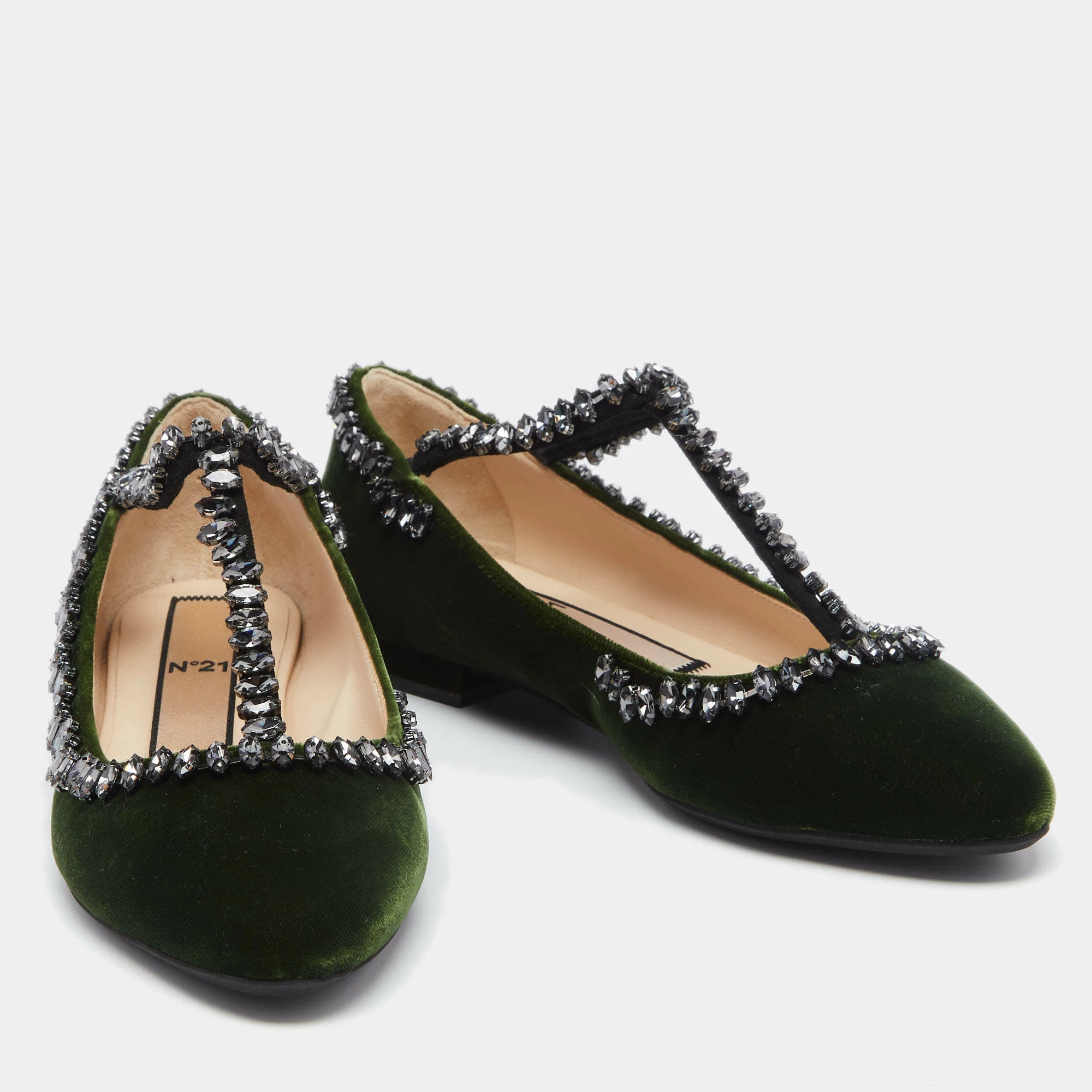 N21 Dark Green Velvet Crystal Embellished T-Bar Ballet Flats Size 36 Women N21 Dark Green Velvet Crystal Embellished T-Bar Ballet Flats Size 36 Women -N21shop luxury women n21 new shoes p634136 003