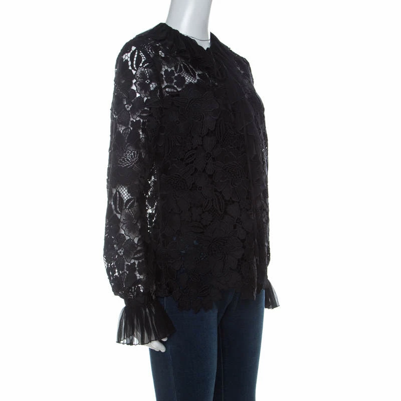N21 Black Guipure Lace Pleated Ruffle Detail Long Sleeve Top S Women Tops N21 Black Guipure Lace Pleated Ruffle Detail Long Sleeve Top S Women Tops -N21shop luxury women n21 used clothes p234716 002