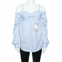 N21 Light Blue Striped Cotton Embroidered Off Shoulder Top S Women Tops