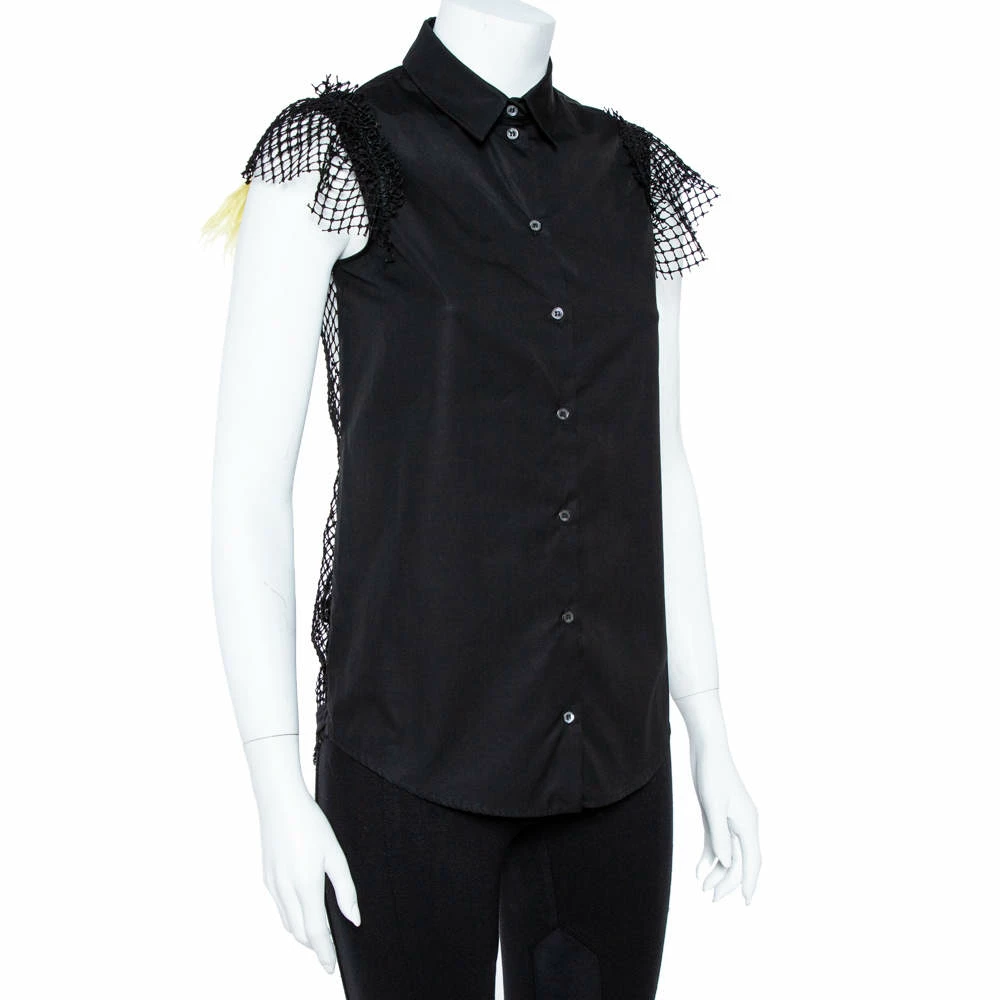 N21 Black Cotton Grid Lace Paneled Feather Trim Shirt XS Women Tops N21 Black Cotton Grid Lace Paneled Feather Trim Shirt XS Women Tops -N21shop luxury women n21 used clothes p358506 002