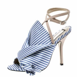 N21 N 21 Blue/White Stripe Knotted Satin Gingham Ankle Wrap Peep Toe Sandals 37 Women