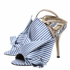 N21 N 21 Blue/White Stripe Knotted Satin Gingham Ankle Wrap Peep Toe Sandals 37 Women -N21shop luxury women n21 used shoes p135892 0004