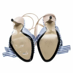 N21 N 21 Blue/White Stripe Knotted Satin Gingham Ankle Wrap Peep Toe Sandals 37 Women -N21shop luxury women n21 used shoes p135892 0006