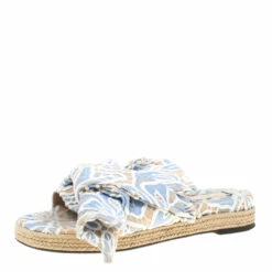 N21 Beige Leather And Blue/White Lace Knot Espadrille Flat Slides Size 39 Women Flats
