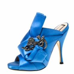 N21 N°21 Blue Embellished Satin Knot Mules Sandals Size 36 Women