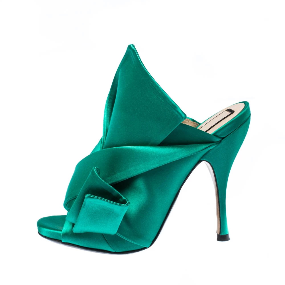 N21 Emerald Green Satin Raso Knot Peep Toe Mules Size 37 Women Sandals N21 Emerald Green Satin Raso Knot Peep Toe Mules Size 37 Women Sandals -N21shop luxury women n21 used shoes p224170 005