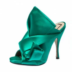 N21 Emerald Green Satin Raso Knot Peep Toe Mules Size 37 Women Sandals