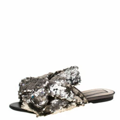 N21 Silver Sequins Knotted Flat Slides Size 38 Women Flats
