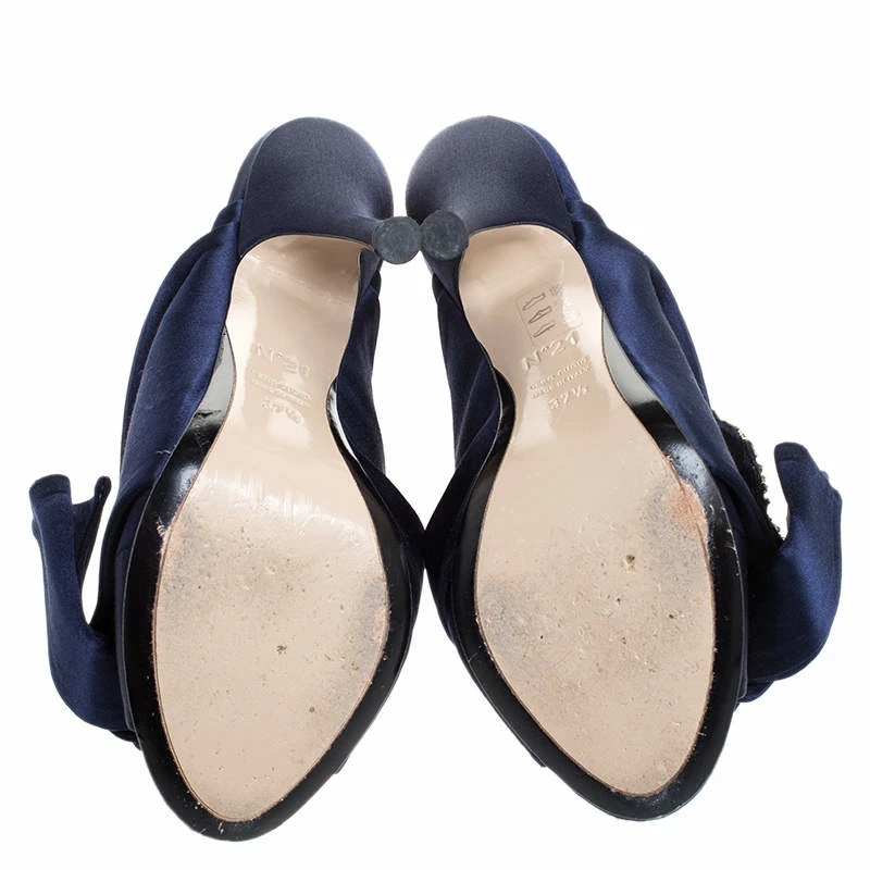 N21 Navy Blue Satin Raso Knot Peep Toe Mules Size 37.5 Women Sandals N21 Navy Blue Satin Raso Knot Peep Toe Mules Size 37.5 Women Sandals -N21shop luxury women n21 used shoes p260497 001