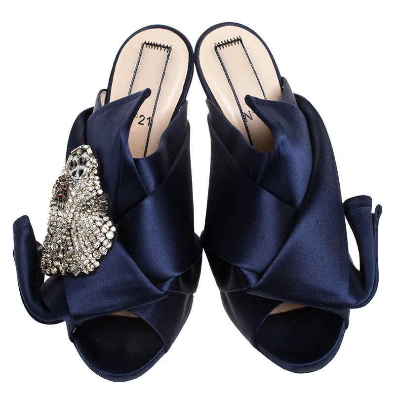 N21 Navy Blue Satin Raso Knot Peep Toe Mules Size 37.5 Women Sandals N21 Navy Blue Satin Raso Knot Peep Toe Mules Size 37.5 Women Sandals -N21shop luxury women n21 used shoes p260497 003