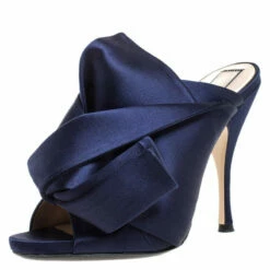 N21 Navy Blue Satin Raso Knot Peep Toe Mules Size 37.5 Women Sandals