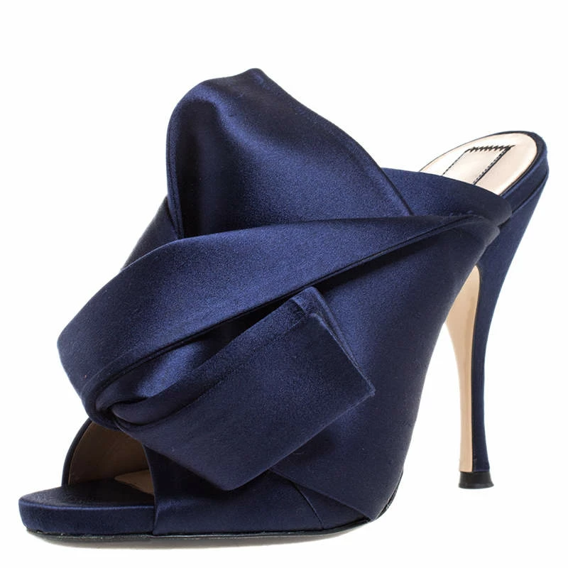N21 Navy Blue Satin Raso Knot Peep Toe Mules Size 37.5 Women Sandals N21 Navy Blue Satin Raso Knot Peep Toe Mules Size 37.5 Women Sandals -N21shop luxury women n21 used shoes p260497 006