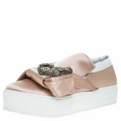 N21 Beige Satin Crystal Embellished Bow Skate Cat Slip On Sneakers Size 37 Women