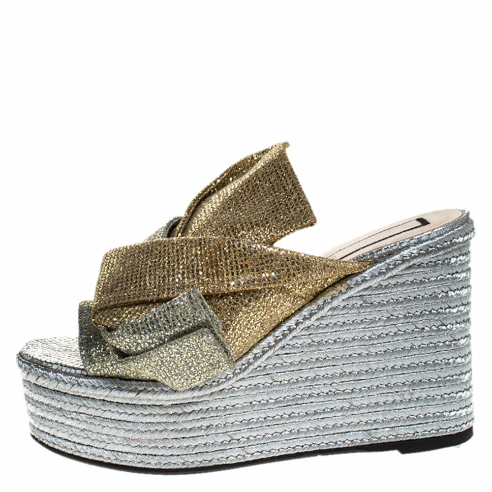 N21 Silver/Gold Glitter Fabric Raso Knot Espadrille Platform Wedge Sandals Size 39 Women Flats N21 Silver/Gold Glitter Fabric Raso Knot Espadrille Platform Wedge Sandals Size 39 Women Flats -N21shop luxury women n21 used shoes p272420 005
