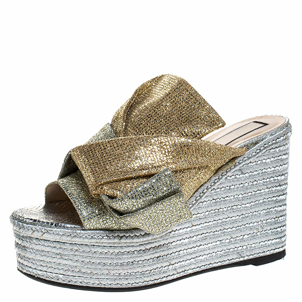 N21 Silver/Gold Glitter Fabric Raso Knot Espadrille Platform Wedge Sandals Size 39 Women Flats N21 Silver/Gold Glitter Fabric Raso Knot Espadrille Platform Wedge Sandals Size 39 Women Flats -N21shop luxury women n21 used shoes p272420 006