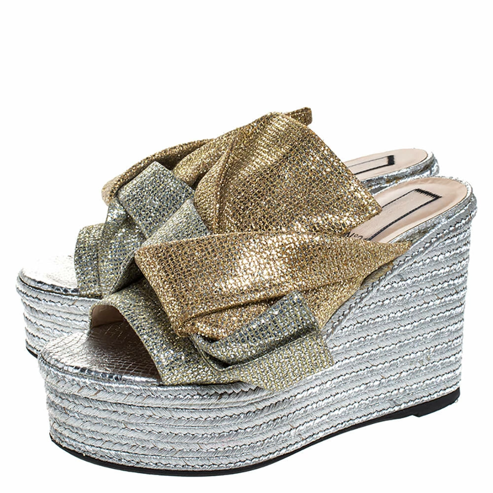N21 Silver/Gold Glitter Fabric Raso Knot Espadrille Platform Wedge Sandals Size 39 Women Flats N21 Silver/Gold Glitter Fabric Raso Knot Espadrille Platform Wedge Sandals Size 39 Women Flats -N21shop luxury women n21 used shoes p272420 007