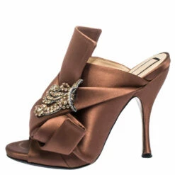 N21 Brown Embellished Satin Knot Mules Sandals Size 38 Women 3 N21 Brown Embellished Satin Knot Mules Sandals Size 38 Women -N21shop luxury women n21 used shoes p291113 002