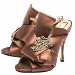 N21 Brown Embellished Satin Knot Mules Sandals Size 38 Women 5 N21 Brown Embellished Satin Knot Mules Sandals Size 38 Women -N21shop luxury women n21 used shoes p291113 007