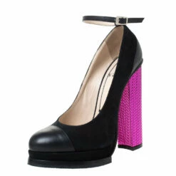 N21 Black/Purple Suede And Leather Block Heel Ankle Strap Sandals Size 38.5 Women Pumps
