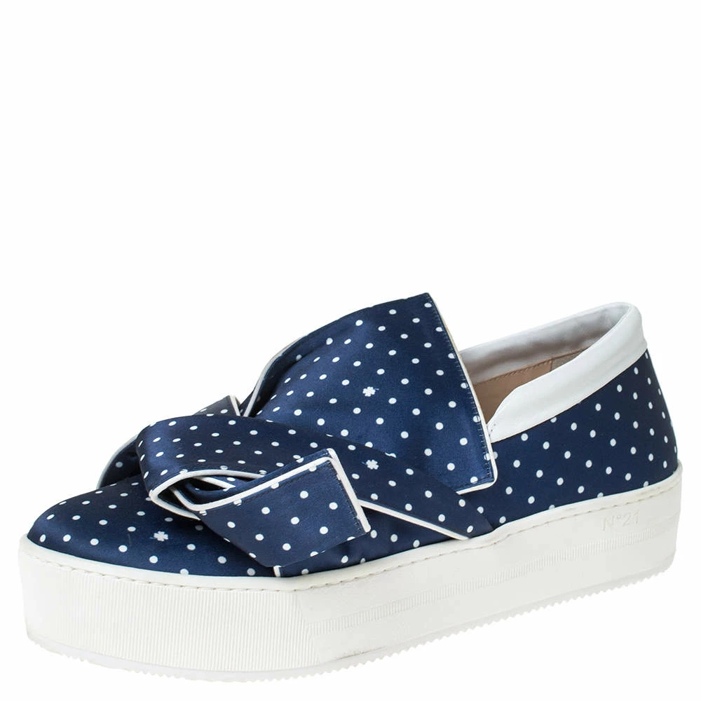 N21 Blue Polka Dot Satin Knotted Slip on Sneakers Size 38 Women N21 Blue Polka Dot Satin Knotted Slip On Sneakers Size 38 Women -N21shop luxury women n21 used shoes p299954 006