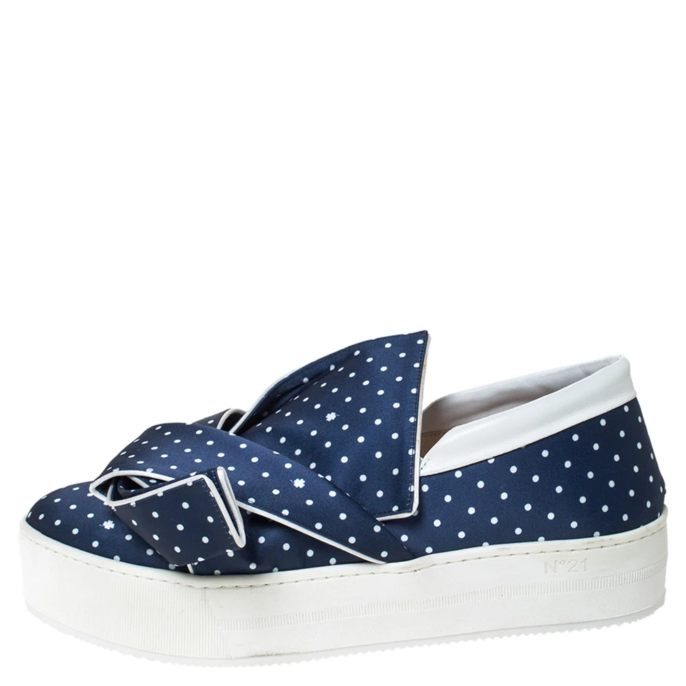N21 Blue/White Polka Dot Satin Knot Slip On Sneakers Size 41 Women N21 Blue/White Polka Dot Satin Knot Slip On Sneakers Size 41 Women -N21shop luxury women n21 used shoes p299968 004