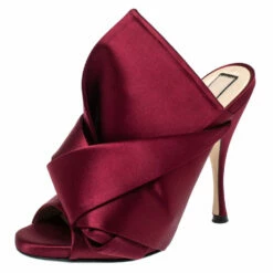 N21 Burgundy Satin Raso Knot Peep Toe Mules Size 38 Women Sandals