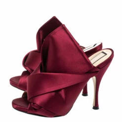 N21 Burgundy Satin Raso Knot Peep Toe Mules Size 38 Women Sandals -N21shop luxury women n21 used shoes p315331 005