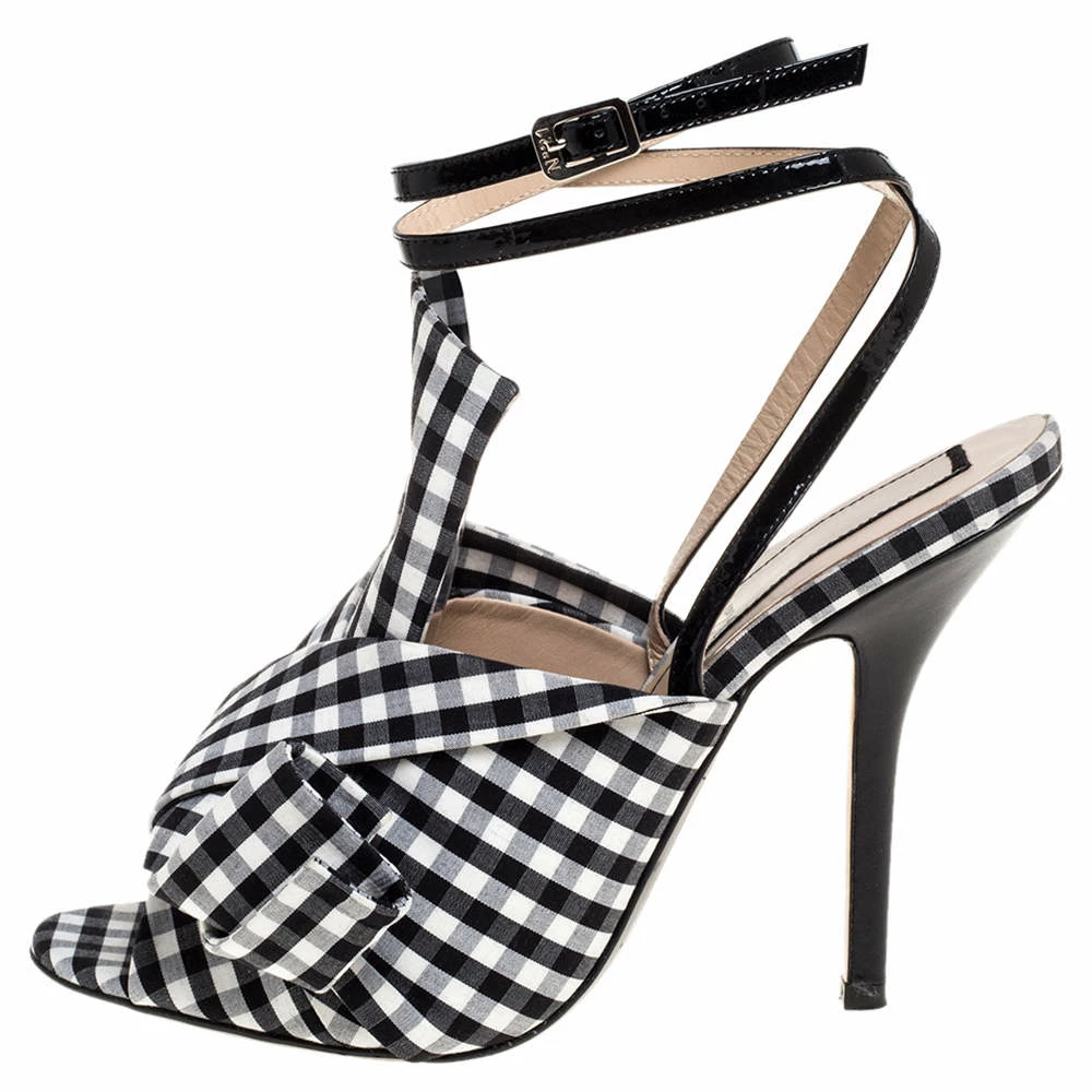N21 Monochrome Checkered Knotted Fabric Gingham Ankle Wrap Peep Toe Sandals Size 38.5 Women N21 Monochrome Checkered Knotted Fabric Gingham Ankle Wrap Peep Toe Sandals Size 38.5 Women -N21shop luxury women n21 used shoes p335565 002