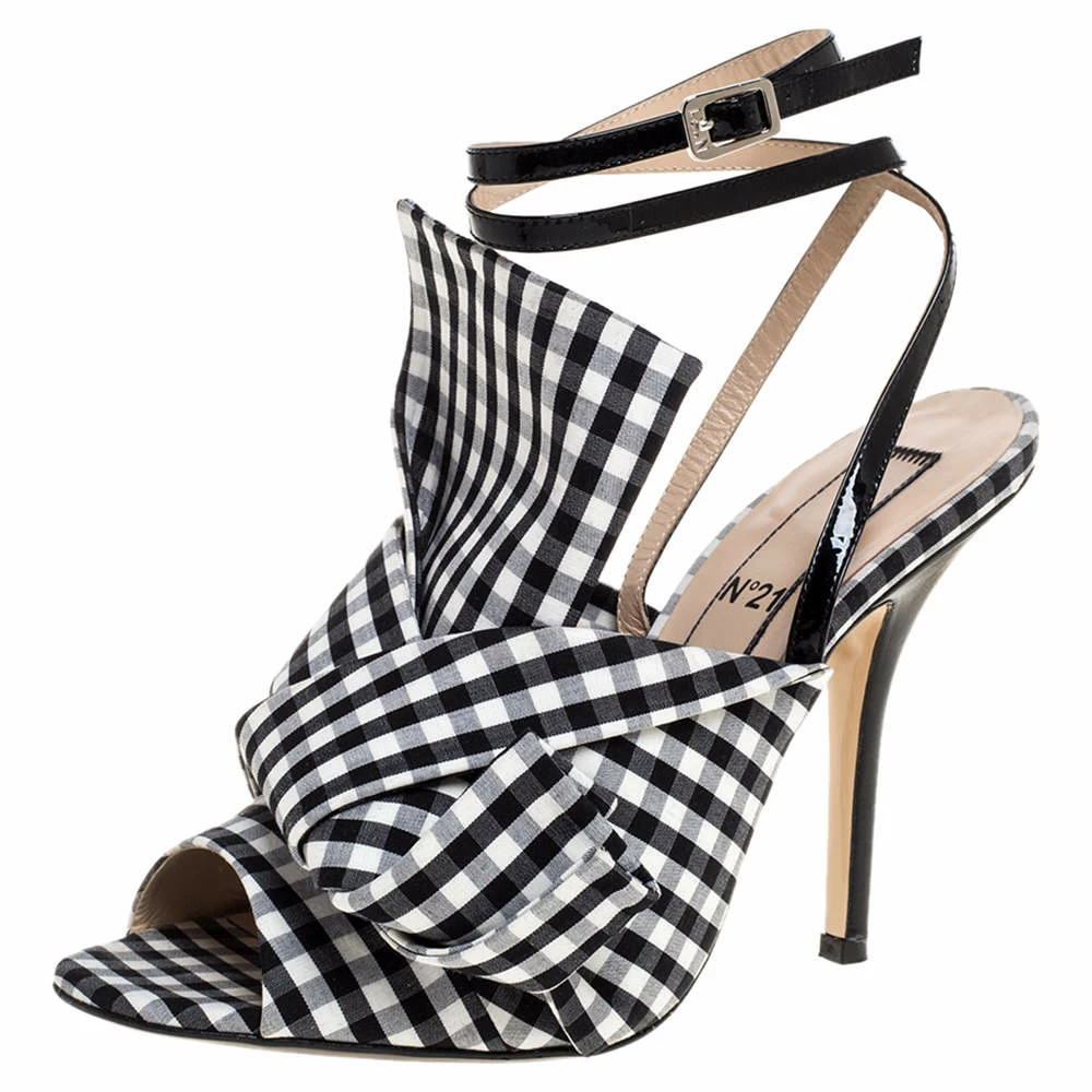 N21 Monochrome Checkered Knotted Fabric Gingham Ankle Wrap Peep Toe Sandals Size 38.5 Women N21 Monochrome Checkered Knotted Fabric Gingham Ankle Wrap Peep Toe Sandals Size 38.5 Women -N21shop luxury women n21 used shoes p335565 004