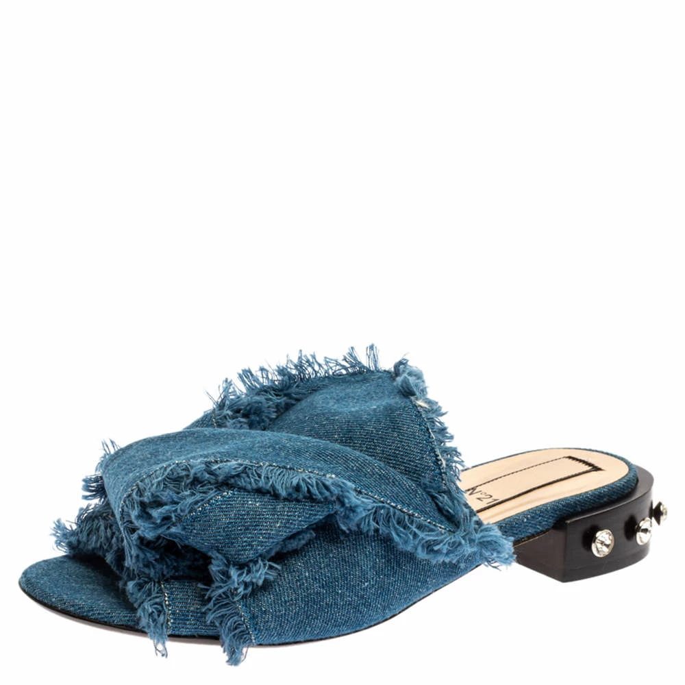 N21 Blue Denim Crystal Embellished Knotted Flat Sandals Size 39 Women N21 Blue Denim Crystal Embellished Knotted Flat Sandals Size 39 Women -N21shop luxury women n21 used shoes p350225 004