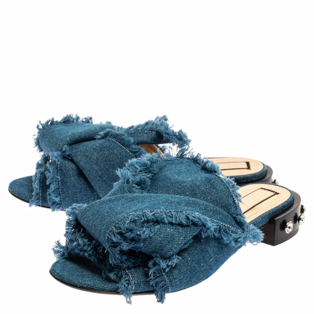 N21 Blue Denim Crystal Embellished Knotted Flat Sandals Size 39 Women N21 Blue Denim Crystal Embellished Knotted Flat Sandals Size 39 Women -N21shop luxury women n21 used shoes p350225 006
