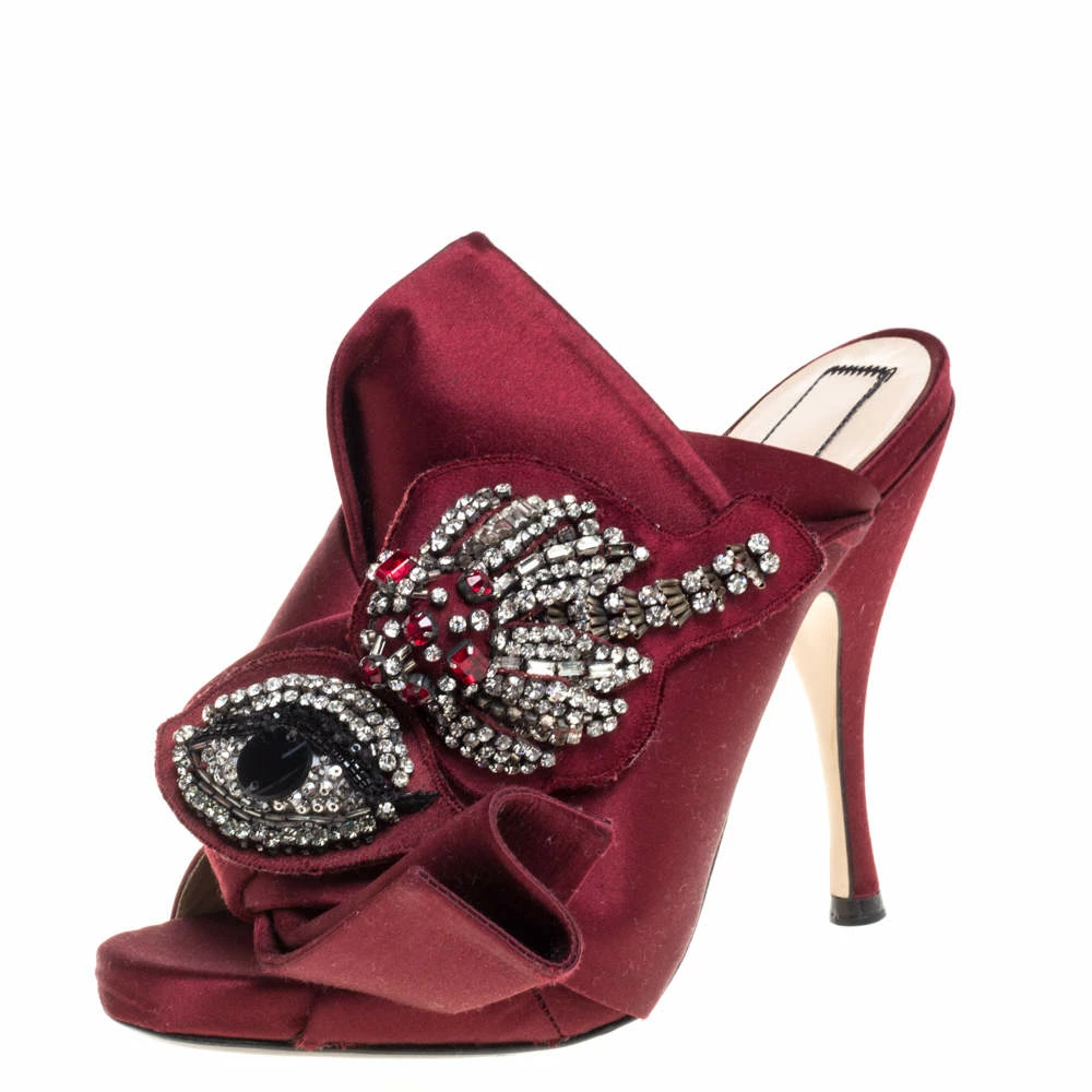 N21 Maroon Embellished Satin Knot Mules Sandals Size 36 Women N21 Maroon Embellished Satin Knot Mules Sandals Size 36 Women -N21shop luxury women n21 used shoes p350849 006