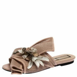 N21 Powder Pink Perforated Leather Knot Embellished Mules Size 38 Women Sandals