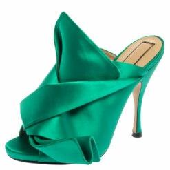 N21 Emerald Green Satin Raso Knot Peep Toe Mules Size 38 Women Sandals
